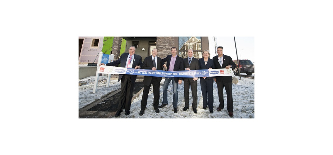 Mattamy unveiled its first net-zero home in Cityscape late last year. Pictured, from left, is Andy Goyda of Owens Corning Canada with Mattamy Homes representatives Don Barrineau, Brad Carr and Warren Saunders, as well as Donna Moore of the Canadian Home Builders’ Association - Calgary Region and 
Salvatore Ciarlo of Owens Corning Canada.