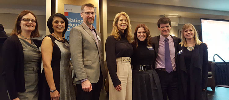 CHAC steering committee members. From left, Sarah Woodgate (City of Calgary), Jyoti Gondek (Haskayne School of Business), Kevin McNichol (Calgary Homeless Foundation), Beverly Jarvis (CHBA-UDI Calgary Region Association), Kim O’Brien (Horizon Housing Society), John Harrop (Attainable Homes Calgary Corporation), and Jennifer Arntfield (City of Calgary). Photo courtesy CHAC