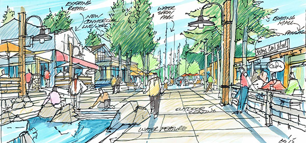 A rendering of the proposed central plaza in Bragg Creek that's part of a plan to revitalize the hamlet. Illustration courtesy Cal Srigley.