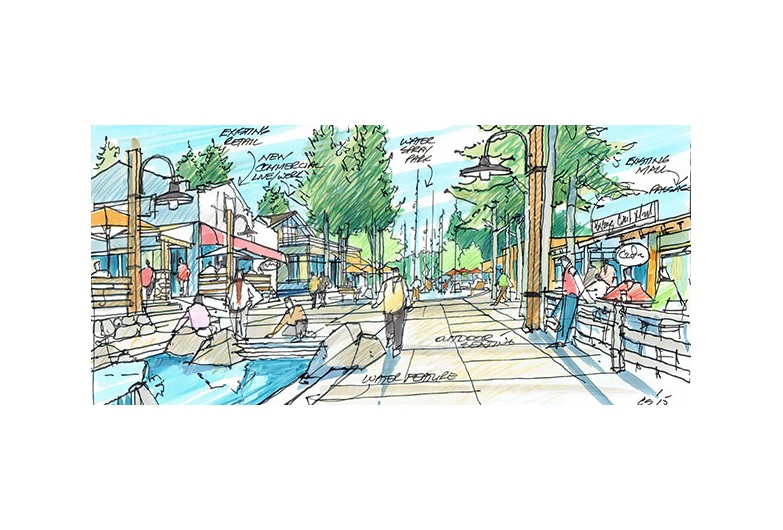 A rendering of the proposed central plaza in Bragg Creek that's part of a plan to revitalize the hamlet. Illustration courtesy Cal Srigley.