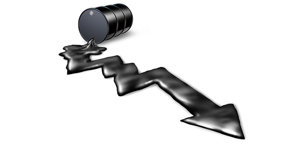 Falling oil prices and decrease of petroleum costs concept as a barrel pouring out black liquid shaped as a downward chart arrow as a metaphor for energy stock market decline and loss due to the economy and the new green energy industry.