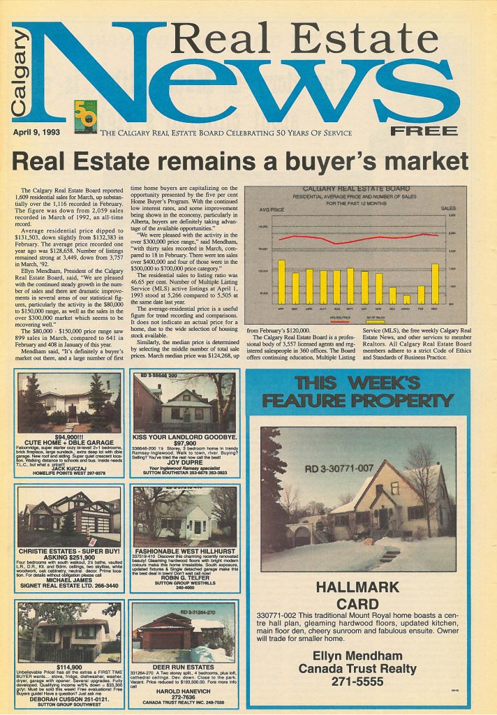 Housing sales in 1993 were steady at 14,515, as was the average price of $136,130.