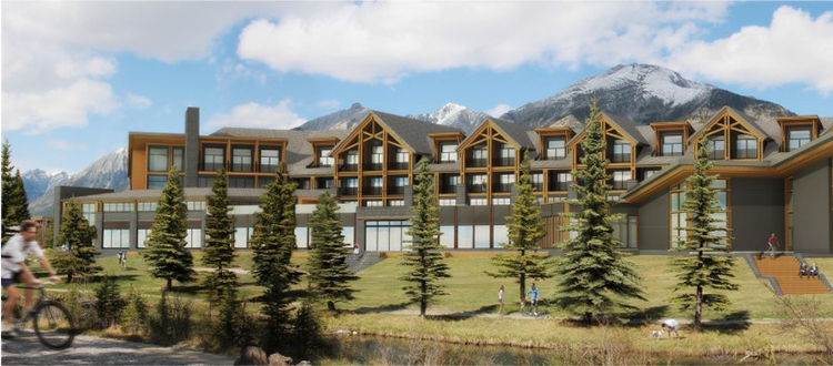 Situated between two natural-flowing creeks, the Malcolm Hotel and Conference Centre in Canmore will feature 124 rooms and 6,500 square feet of meeting and banquet space. Illustration courtesy dHZ Media.