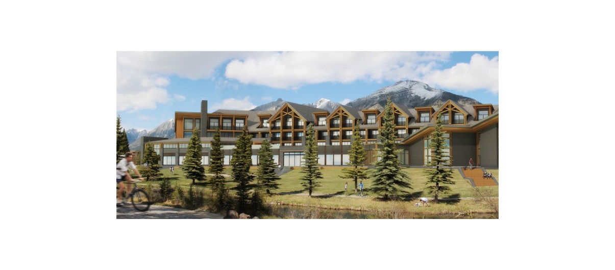 Situated between two natural-flowing creeks, the Malcolm Hotel and Conference Centre in Canmore will feature 124 rooms and 6,500 square feet of meeting and banquet space. Illustration courtesy dHZ Media.