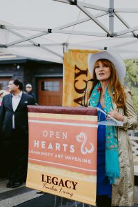 Artist, actress and activist Jane Seymour's installation entitled the Open Hearts Icon graces a ridge in Legacy that overlooks more than 120 hectares of environmental reserve. Photo courtesy WestCreek Artist, actress and activist Jane Seymour's installation entitled the Open Hearts Icon graces a ridge in Legacy that overlooks more than 120 hectares of environmental reserve. Photo courtesy WestCreek