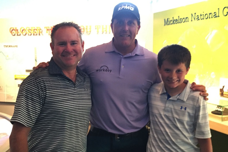 Brian Haydamack (left) and his son Zachary (right) with PGA Tour star Phil Mickelson – who designed the signature golf course that will eventually flank the community of Harmony.
Courtesy Brian Haydamack