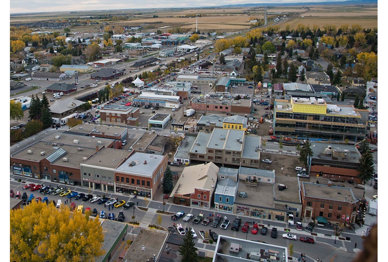 Aerial view of downtown High River during the annual River City Classics Show n’ Shine Car show. Photo courtesy Kirk Davis