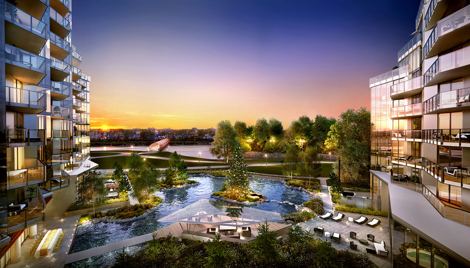 Situated at the south-end of the Peace Bridge, The Concord will offer unparalleled views of the Bow River. Courtesy Concord Pacific