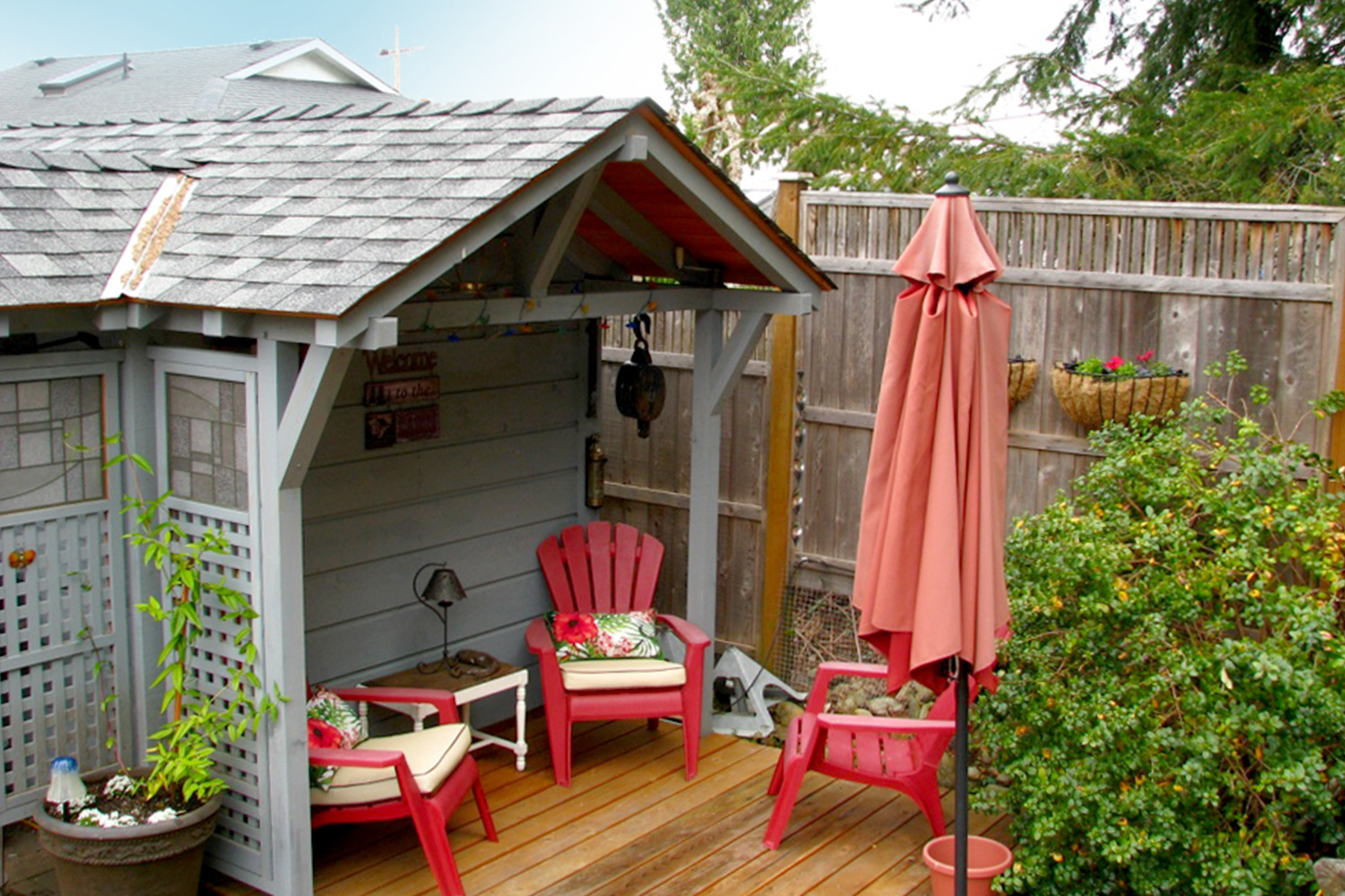 With an overhanging roof for seating and barbecuing, a simple shed was transformed into a comfortable back yard retreat. Donna Balzer / For CREB®Now