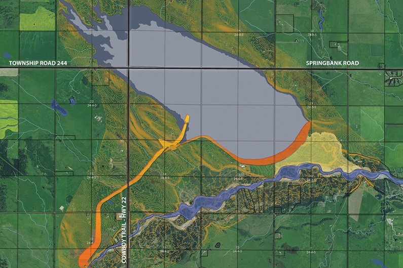 The Springbank Project dry reservoir, located about 15 kilometres west of Calgary, is designed store water temporarily during a flood. A diversion channel carries water from the Elbow River to the off-stream reservoir.
Courtesy Government of Alberta