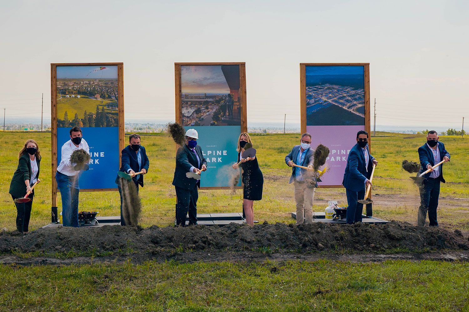The groundbreaking ceremony for the new community of Alpine Park. Stakeholders on hand for the event included Mayor Naheed Nenshi. 
Courtesy of Dream Unlimited