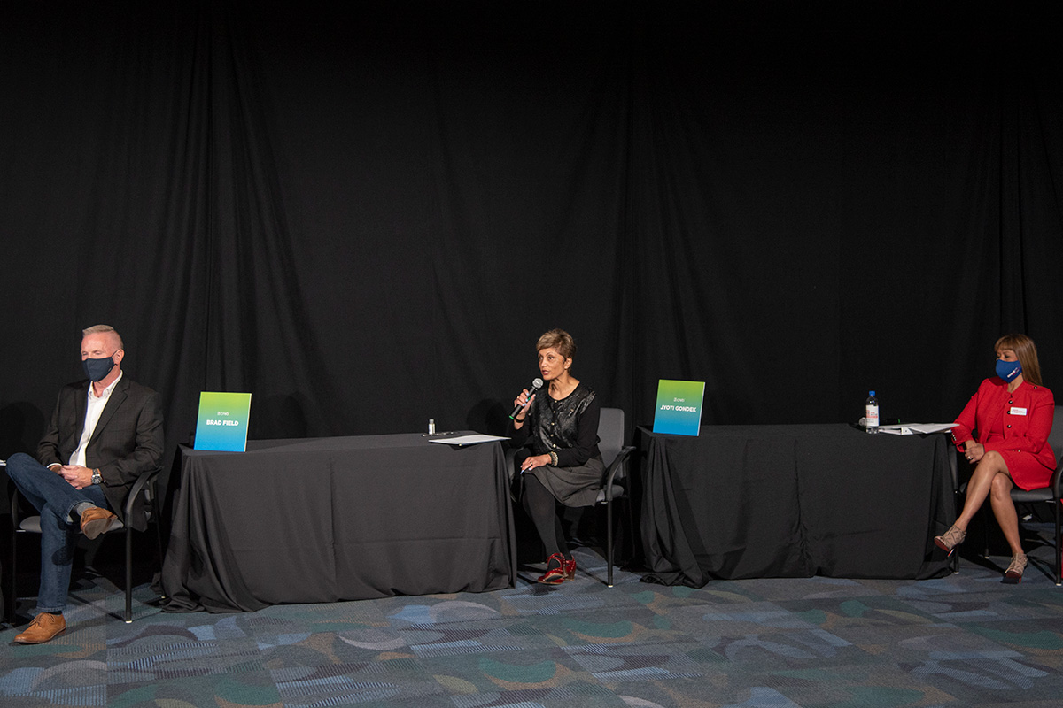 Mayoral candidates Brad Field, Jyoti Gondek and Grace Yan at CREB®'s Mayoral Forum on Sept. 14. 
Cody Stuart / CREB®Now